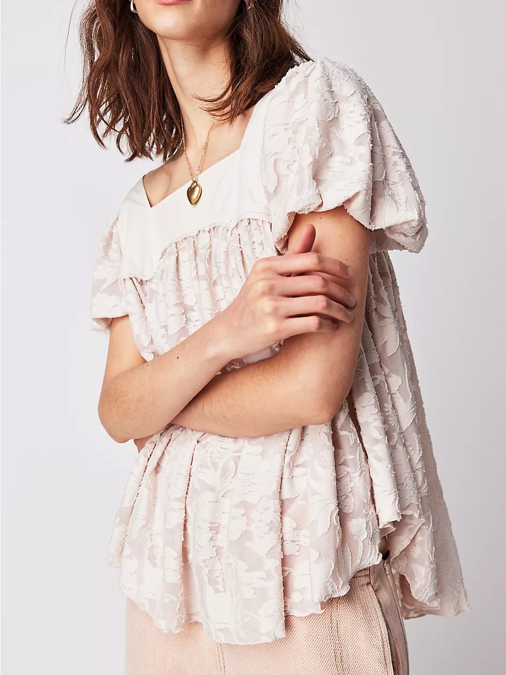 Free People Sunrise to Sunset Blouse L Champagne Puff Sleeve Babydoll Top - Picture 1 of 11